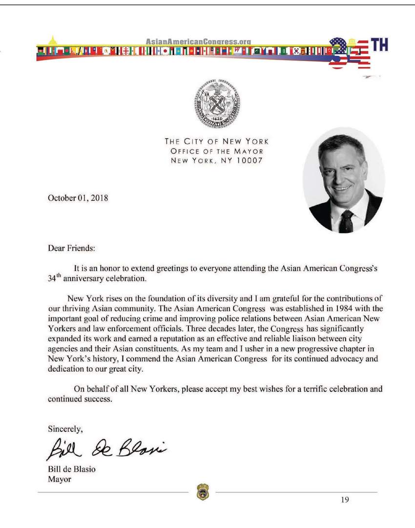 Letter from the Office of the Mayor of New York for the AAC 34th anniversary