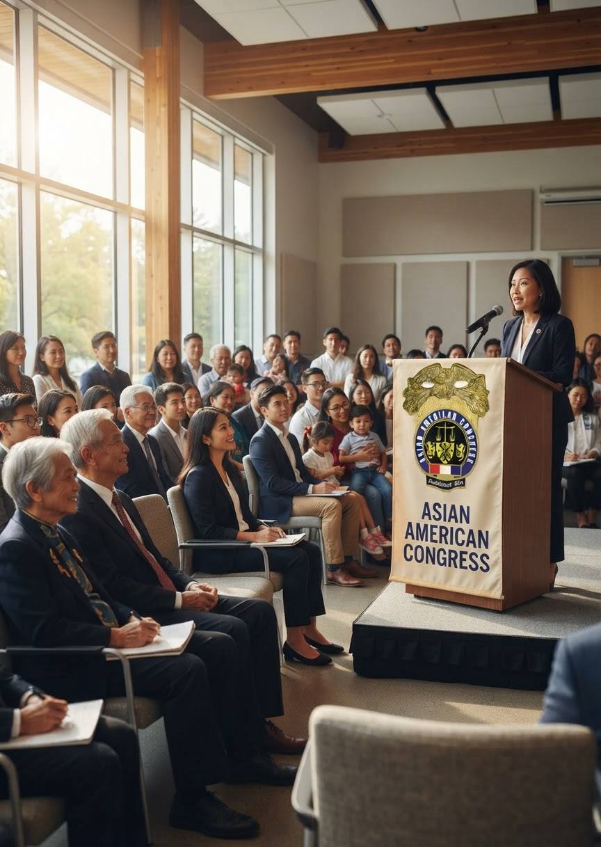 AAC community assembly with speaker at the podium